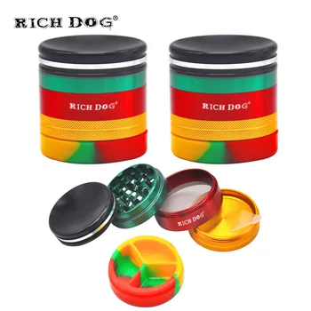 

RICH DOG Rasta Aluminum Smoking Grinder Silicone Storage Stash Jars 63MM 5Piece Metal Tobacco Grinder Herbal Crusher Miller
