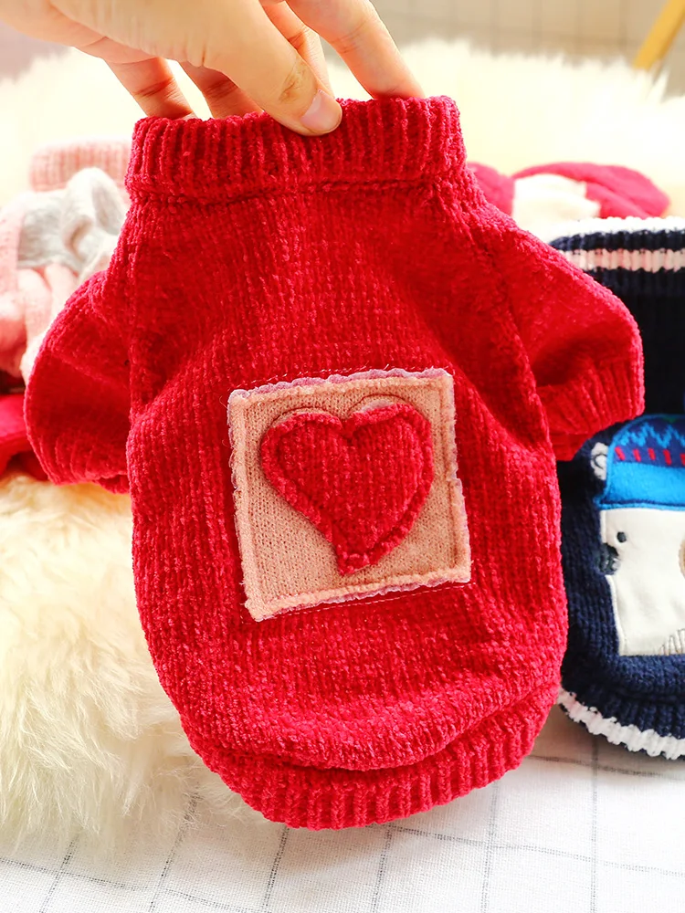 Red Heart Джемпер для собаки, Осенний цветочный плед, плюшевый чихуахуа, свитер для питомца, вязаная теплая одежда для собак - Цвет: Red Heart