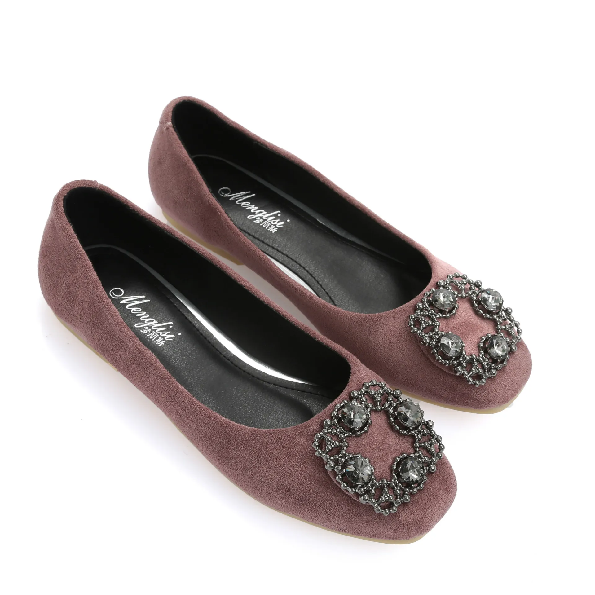 

Spring Slip On Flats Ladies Crystal Flat Shoes Rhinestone Buckle Suede Leather Single Shoes Square Toe Loafers Women Ballet Shoe