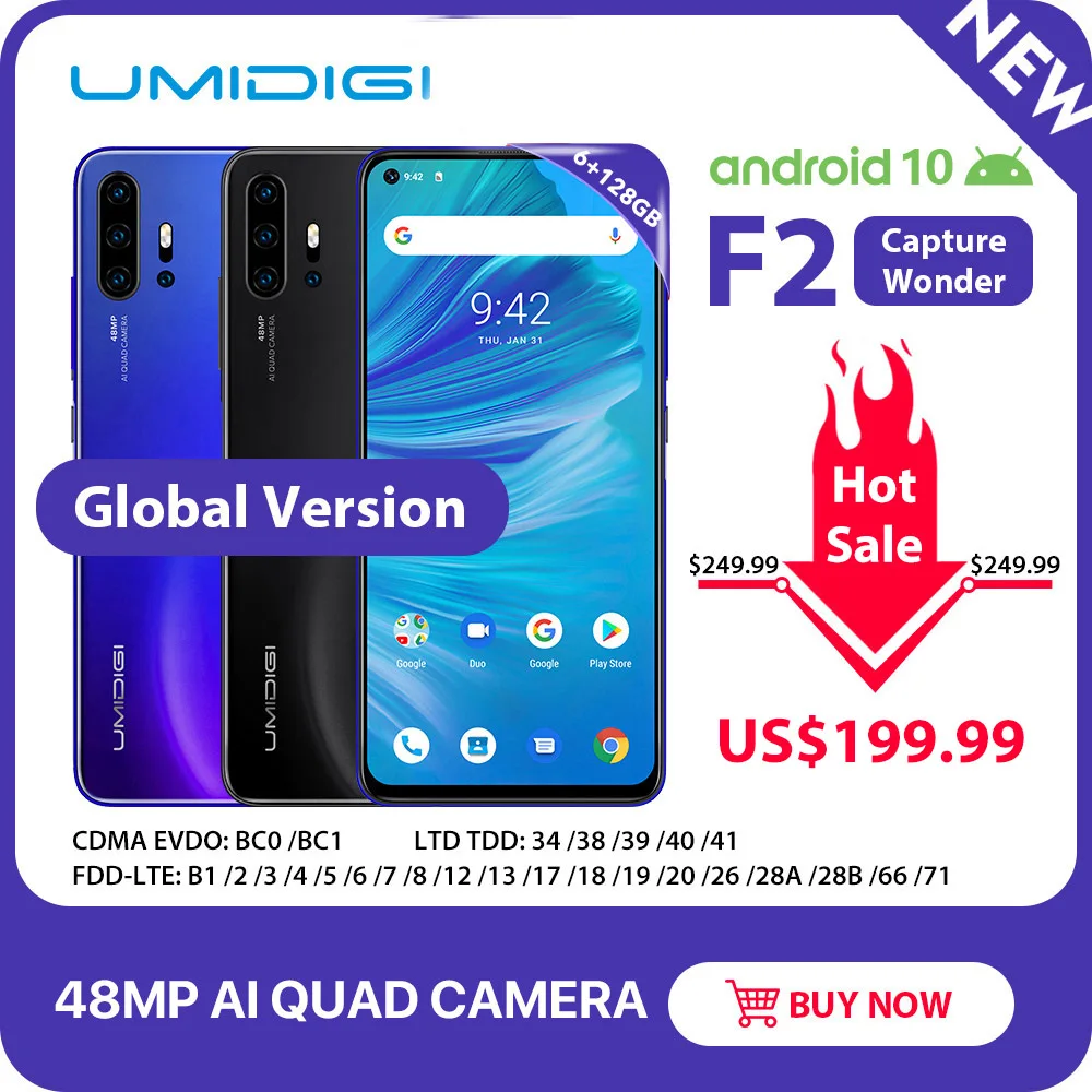 Телефон UMIDIGI F2 Android 10 6 ГБ 128 стандартная NFC 53 дюйма FHD + 48 МП искусственная
