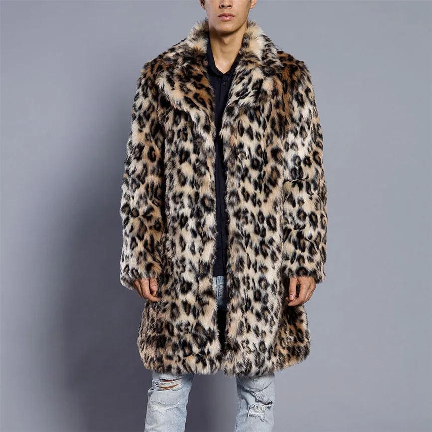 Мужское леопардовое утолщенное длинное пальто, теплое толстое пальто с меховым воротником, куртка, парка из искусственного меха, кардиган, мужская мода, стиль джентльмена