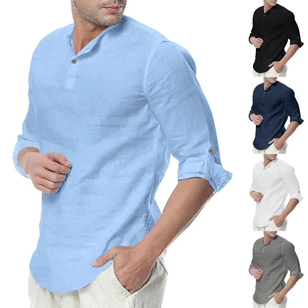 2019 мужские повседневные рубашки camisa masculina, мужские мешковатые рубашки из смеси хлопка, одноцветные рубашки с рукавом три четверти для йоги
