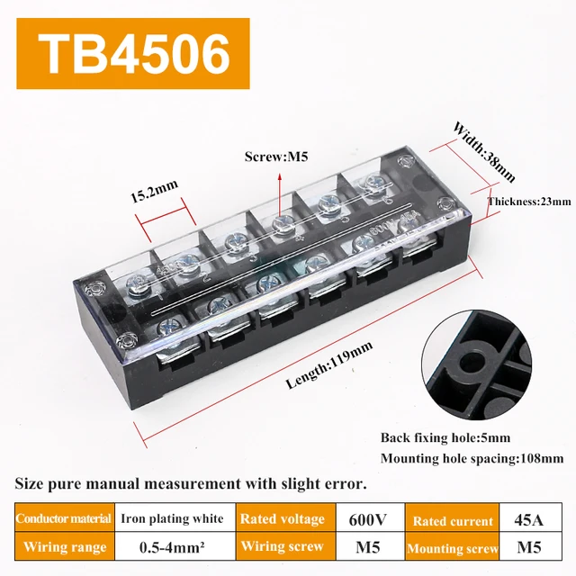 1pcs 45A 600V TB4503 TB4504 TB4505 TB4506 TB4510 TB4512 Dual Row Barrier Screw Terminal Block Strip Wire Connector Wiring tool TB4506