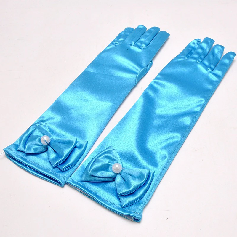 Модные Длинные атласные перчатки для детей, перчатки для свадебной вечеринки с цветком, свадебные перчатки для девочек, атласные - Цвет: Синий