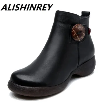 

New Handmade Ankle Boots Women Winter Warm Boots 100% Genuine Leather Vintage Women Boots Flats Casual Shoes Female