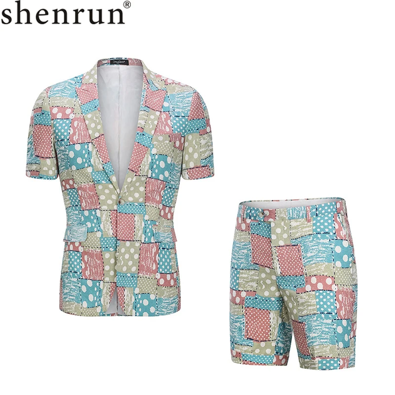 

Shenrun Men Suit Summer Short Sleeve Jacket Short Pants 2 Pieces Fashion Slim Fit Casual Suits Hawaii Beach Seaside 100% Cotton