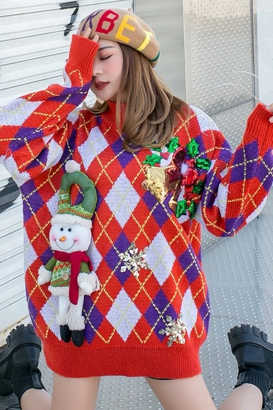Vefadisa Sequins Christmas Sweater Woman Red Winter Thick Sweater O-Neck Pullover Knitting Sweater Loose QYF1327