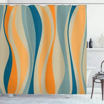 

Vintage Shower Curtain, Retro Vibrant Stripes Funky Lines Design Patterns Abstract Print, Cloth Fabric Bathroom Decor Set with