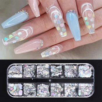 

12 Grids/Box Nail Art Accessories Glitter Stars and Butterflies Sequins Flakes Holographics Silver Nail Decoration Ongles Design