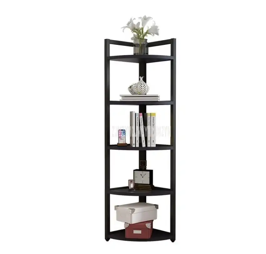 5 Layer Floor Corner Shelf Wood Rack Steel Frame Book Vase Rack