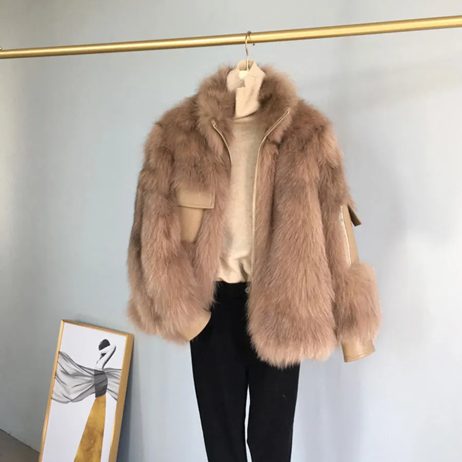 Camel Модный стиль мото& байкерская куртка из натурального меха серебристой лисы, Для женщин зимнее пальто, кожаная куртка отложной воротник карман из натуральной кожи меха, куртки из искусственного меха - Цвет: Camel