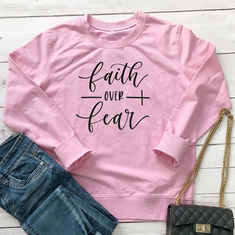 Винтаж Faith Over Fear кофты унисекс вдохновляющие Религиозные христианские толстовки с капюшоном осень Для женщин джемпер с длинными рукавами и капюшоном с надписью пуловер