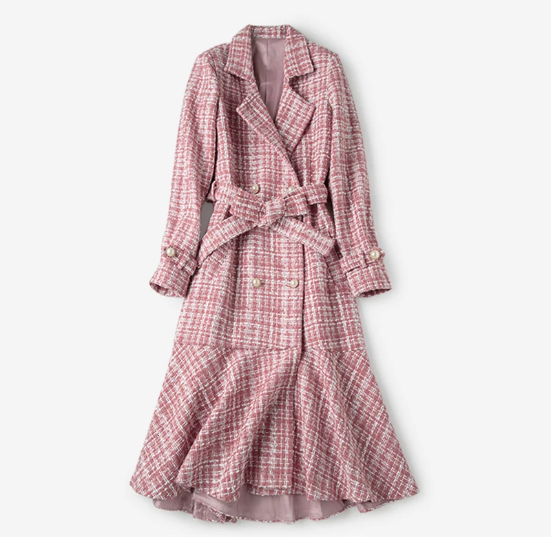 

New Plaid Houndstooth Fishtail Hem Retro Long Tweed Coat Women 2019 Autumn Winter Double Breasted Lapel Bow Lace-up Outwear