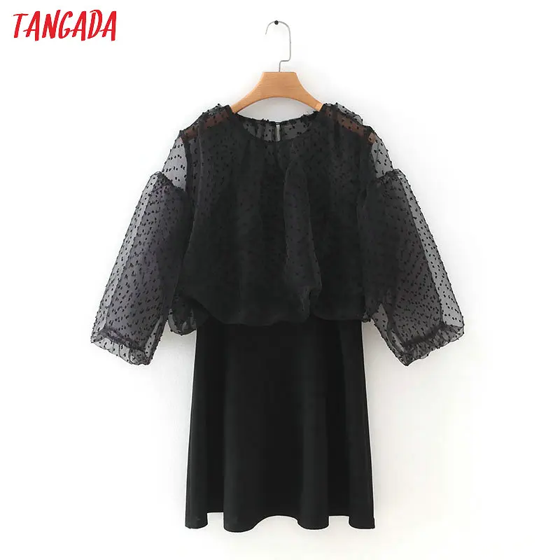 Tangada женское Сетчатое платье-рубашка в горошек с коротким рукавом, женские шикарные сексуальные черные мини-платья vestidos 5X09