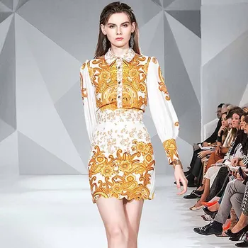 

Runway Designer Golden Print Suit 2020 Autumn Women Shirt Top+High Waist Embroidery Hem Mini Skirt Two Pieces Set K9744