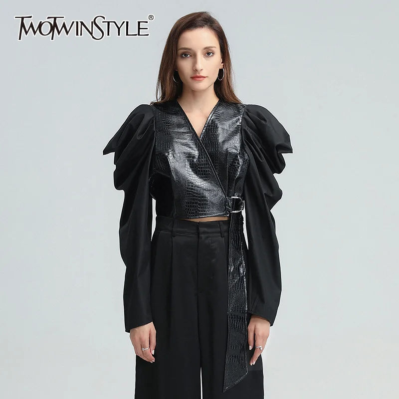 

TWOTWINSTYLE Vintage Shirt For Women V Neck Puff Long Sleeve High Waist Sequined Lace Up Designer Pu Blouse Female 2020 Clothing