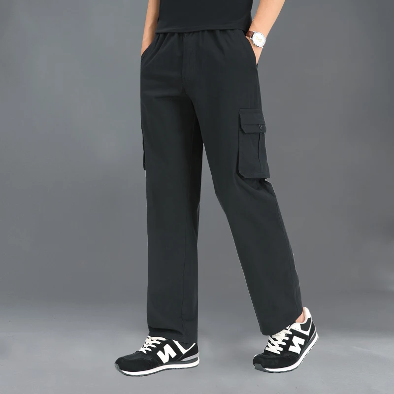 90% OFF M-6XL Cargo Pants Men Pocket Thin Elasticity Pants Full Length Pants Male Straight Trousers Homme Loose Cotton Casual Pant Black