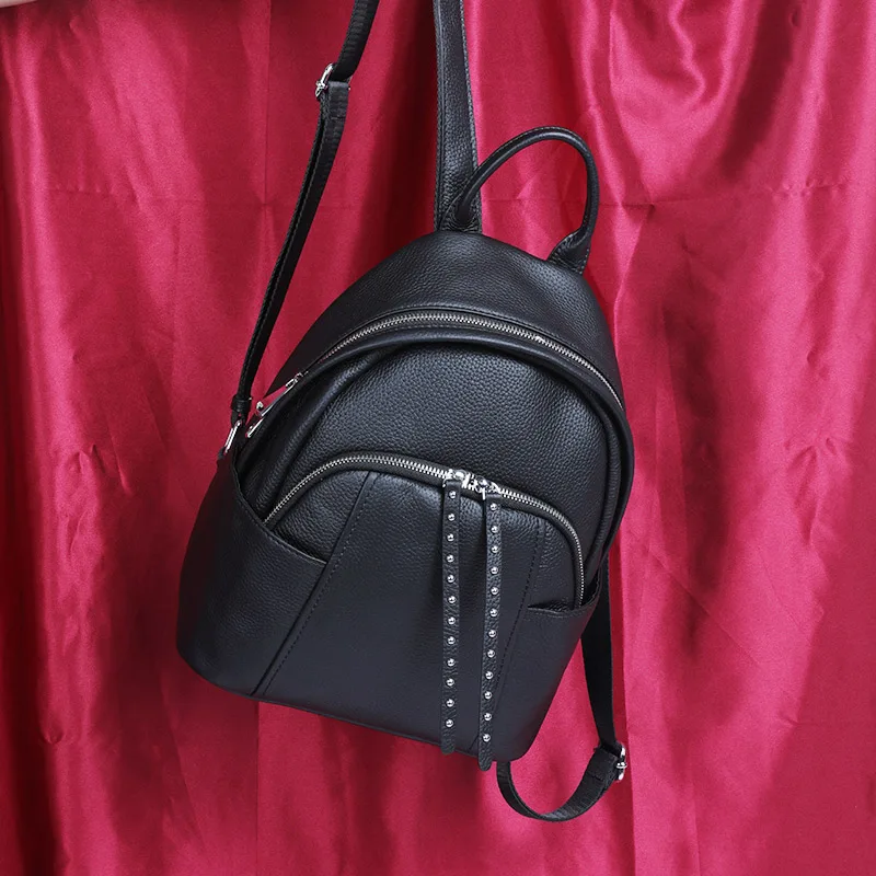 Женский рюкзак с заклепками, черный, натуральная кожа, сумка для книг, Большая вместительная сумка на плечо, корейский, для колледжа, простой рюкзак