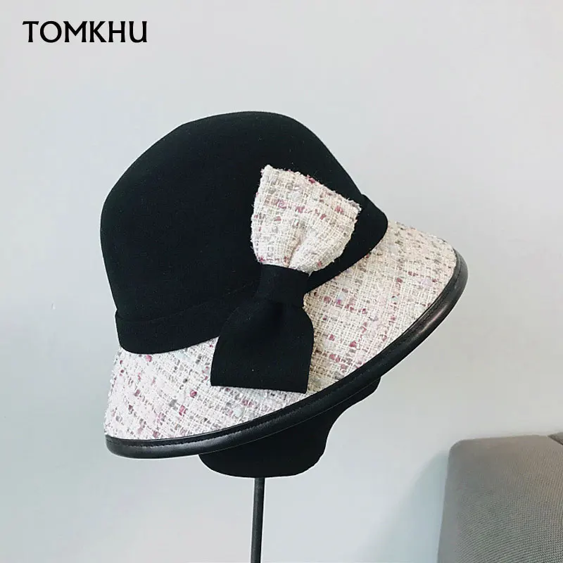 

2021 New Autumn Winter Elegant Fedora Hat For Women Laides European Vintage Bow Wool Stitching Bow Female Basin Hat High Quality