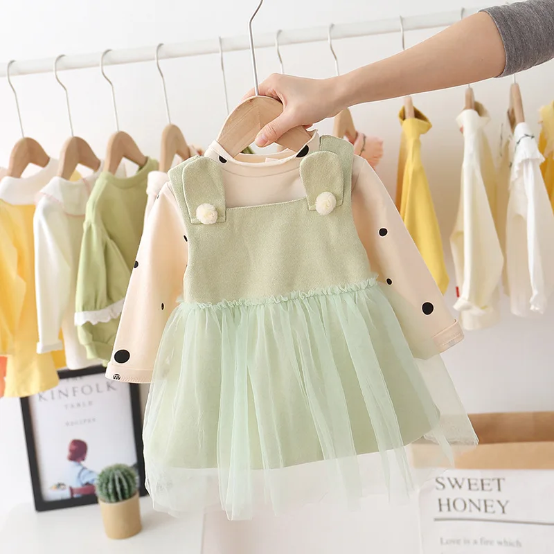 light green Комплекты для девочек; коллекция года; Весенняя Детская футболка с длинным рукавом и платье - Цвет: light green
