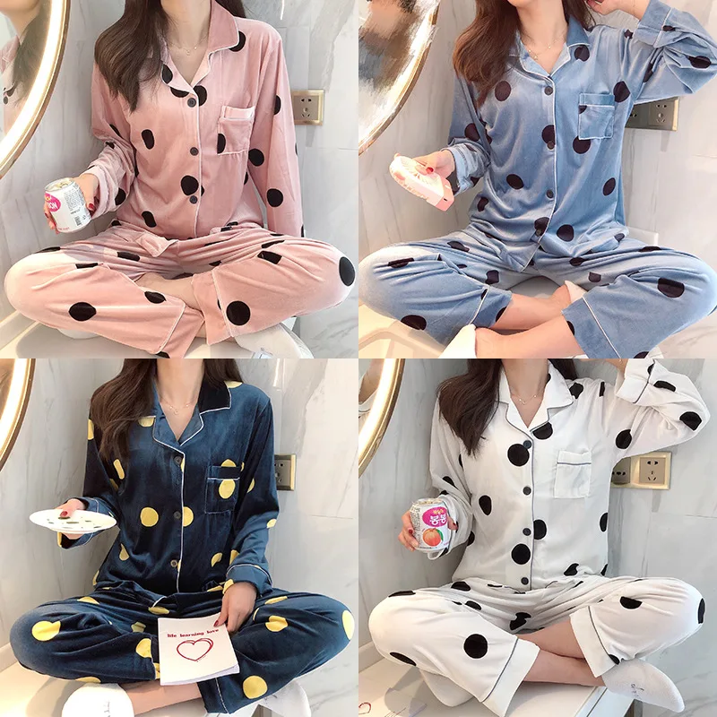 

[JDX # Collection] Wechat Business Hot Selling Cardigan Long Sleeve Polka Dot Gold Velvet Pajamas Tracksuit Two-Piece Set