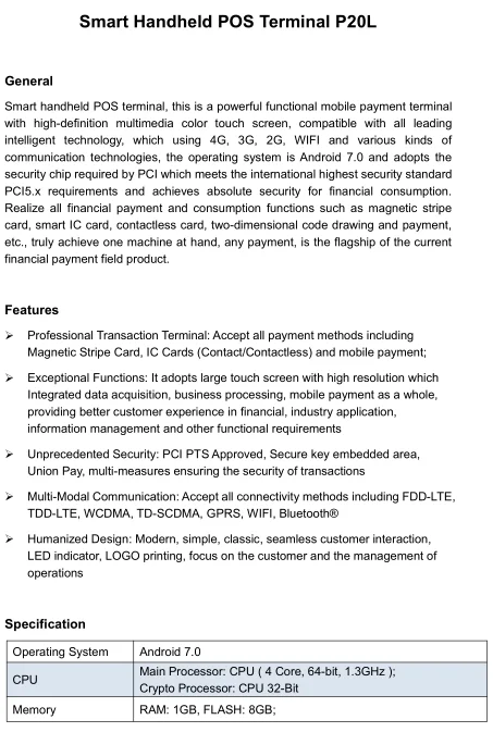 Android POS терминал NFC+ IC+ MSR ручной EMV PCI pos машина android pos терминал с 58 мм Термопринтер P20L Бесплатный SDK
