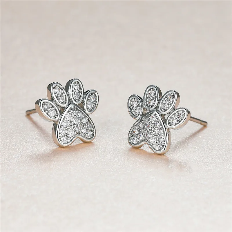 Cute Heart Cat Paw White Zircon Stud Earrings For Women Vintage Fashion Animal Footprint Crystal Stone Earrings Wedding Jewelry