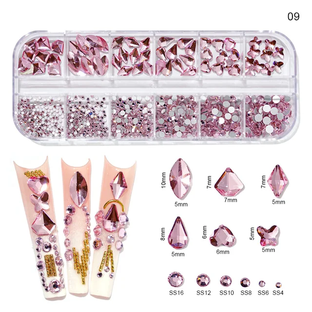 12Gird Box Multi Size AB/Colorful Hotfix Rhinestones Flatback Crystal Diamond Gems 3D Glitter Nail Art Luxurious Decorations &*& 9