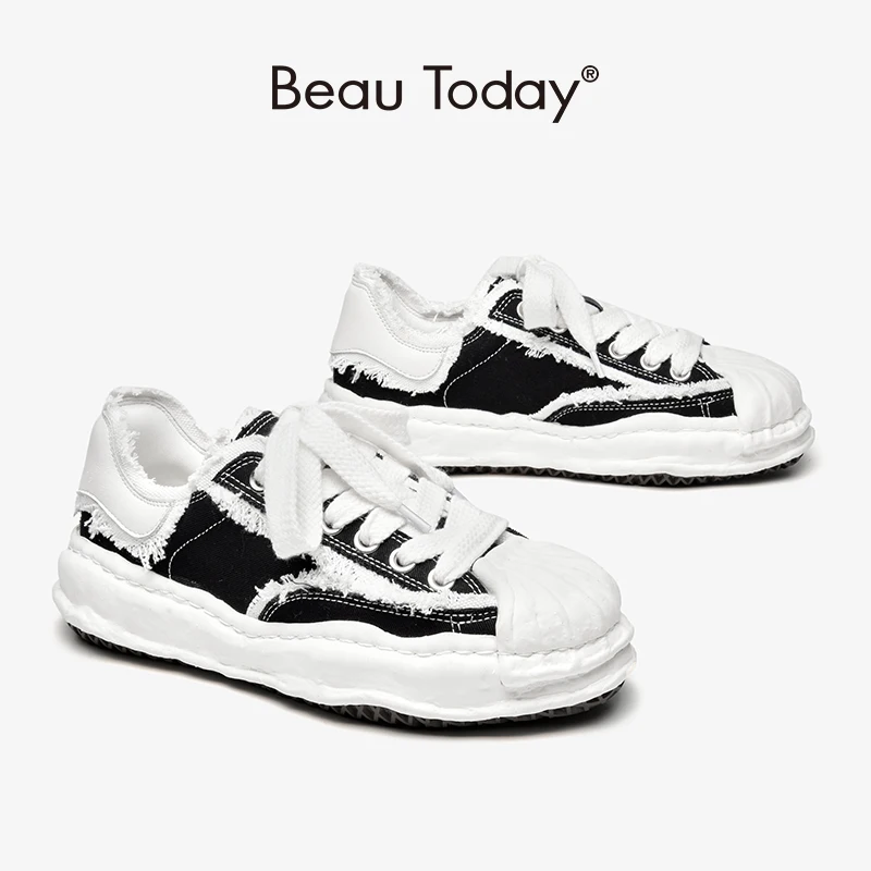 

Women Chunky Sneakers Cow leather Denim Patchwork Cross Tied Lace Up Ladies Sports Platform Sole Shoes Handmade BeauToday 29127