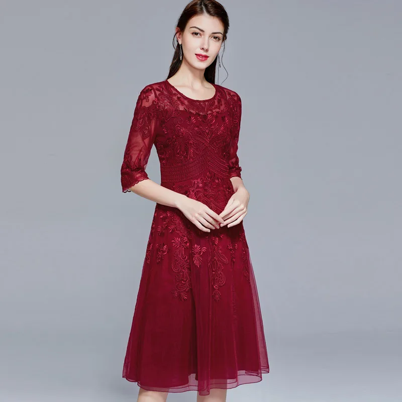 4xl Платье Vestidos De Festa весенне-летние вечерние платья для мамы и невесты женское сексуальное платье из тюля с вышивкой до середины икры красное вино