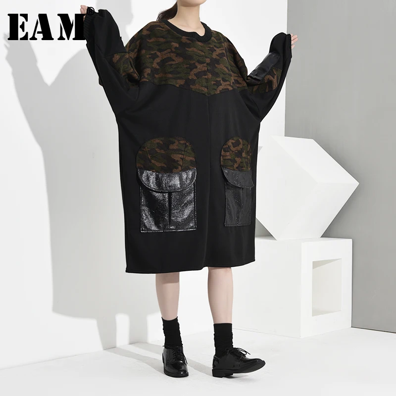 [EAM] женское леопардовое платье с карманами, большой размер, свитер, платье, новинка, круглый вырез, длинный рукав, свободный крой, мода осень, 1K665