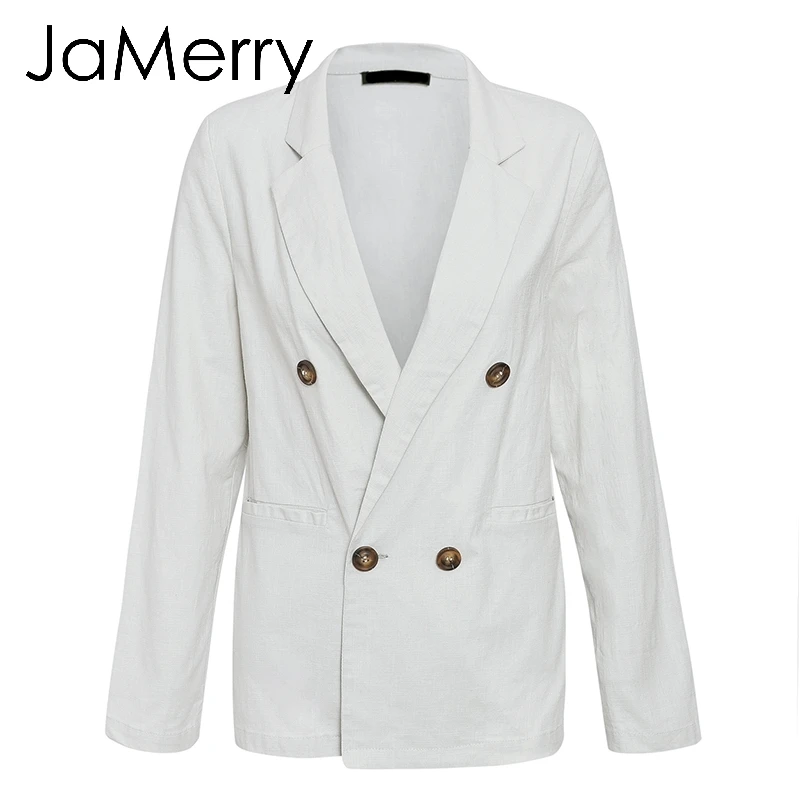 JaMerry винтажный двубортный женский пиджак пальто осенняя Повседневная Офисная Женская рабочая одежда верхняя одежда Уличная однотонная куртка пальто - Цвет: Серый