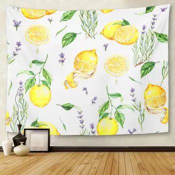 

Watercolor with Yellow Lemons and Lavender Flowers Repeated Natural Fruits Provence Blossom for The Tapestry Wall Hanging