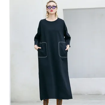 

QING MO Black Women T Shirt Dress 2020 Women Spring Fork Dress Female O Neck Three Quarter Dress Vintage ZQY2989