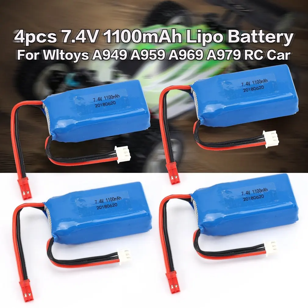 4PCS 7.4V 1100mAh 25C 2S Lipo Battery JST Plug Rechargeable for Wltoys A949 A959 A969 A979 RC Car Airplane Drone