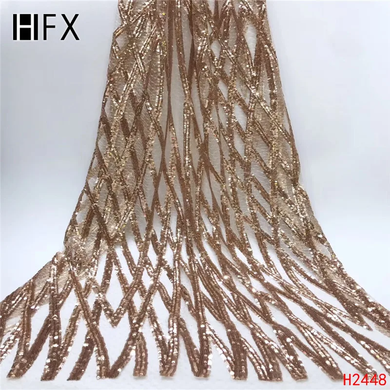

HFX High Quality African French Lace Fabric Gold Net Embroidery Sequins Tulle Lace Fabric For Nigerian Wedding Party Dress F2448