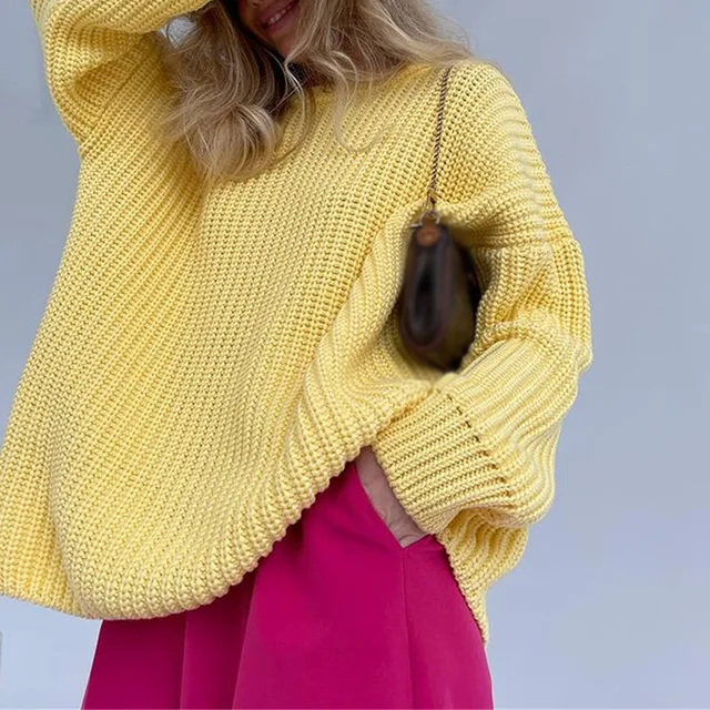 Women Solid Knitted Thickening Oversized Sweater Female Round Neck Long Sleeve Casual Loose Pullovers Top 2021 Autumn Winter Yellow