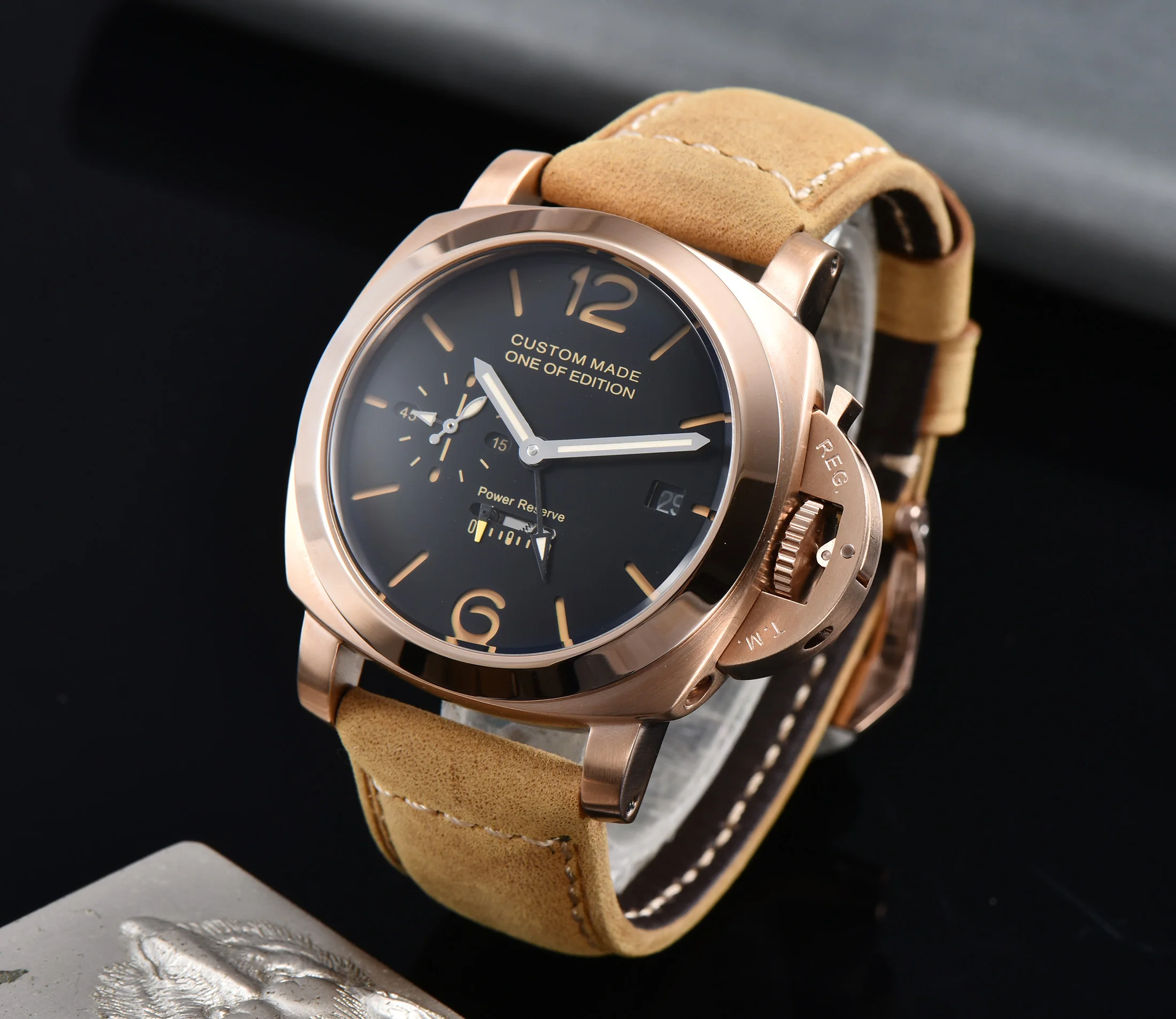 

PARNIS watch power storage luminous pointer AUTO44MM movement gold stainless steel black box dial 425-2