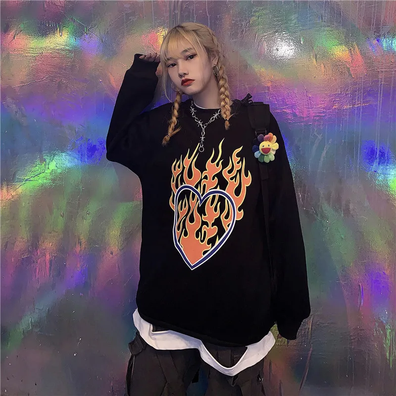 Lychee Harajuku Сердце Пламя полый женский Топ свитер вырез лодочкой женские толстовки Топы свободные весна осень женские пуловеры