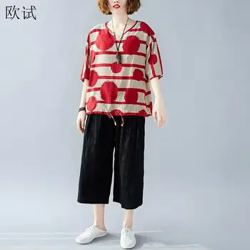 

Plus Size Striped Polka Dot T Shirt Summer Vogue Tshirt Women 2020 Tshirts Cotton Linen T-Shirt Casial Loose Tee Shirt Femme Top
