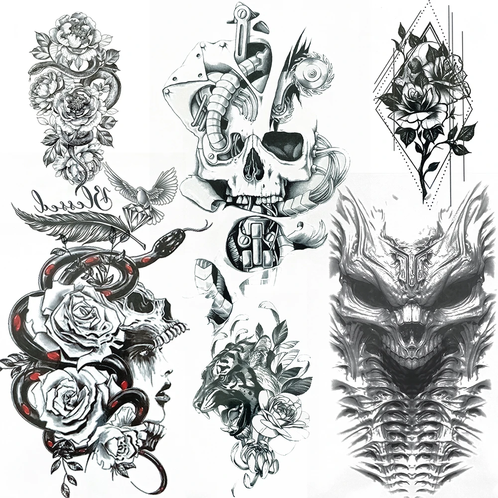Evil Death Skull Temporary Tattoos For Men Women Snake Skeleton Feather  Fake Tattoo Paper Tiger Geometric Rose Flower Tatoo Hand - Temporary Tattoos  - AliExpress