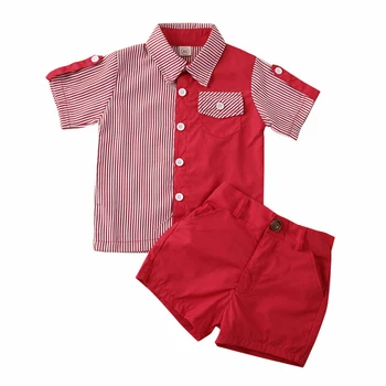 

2020 Baby Boy Gentleman Outfits Toddler Kids Short Sleeve Stripe Patchwork Shirt Tops+Shorts Pants Clothes Set 2PCS