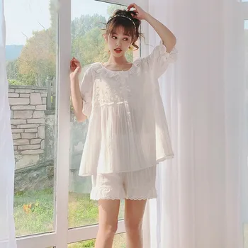 

Summer Cotton Casual Princess Style Pajamas Round Neck Embroidery Short Sleeve Lace Edge Thin Section Pajamas + Shorts Suit