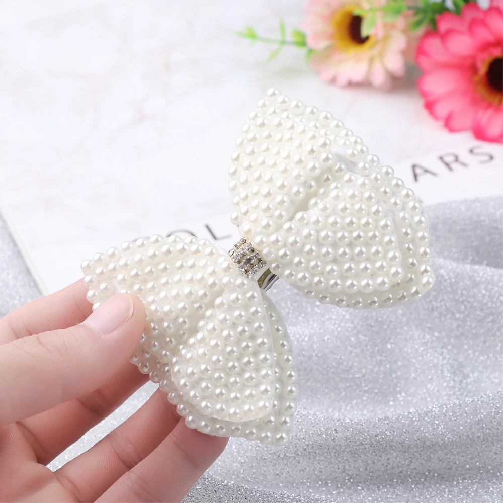 

Hair Accessories Pearl Hair Bows With Hair Clips For Girls Kids Boutique Layers Bling Rhinestone Center Bows Hairpins