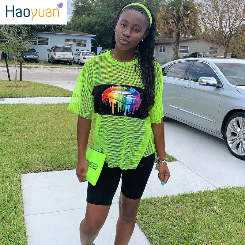 ZOOEFFBB Conjunto de dos piezas para mujer, ropa de fiesta, trajes de Club,  labios, Red de neón, malla transparente + pantalones cortos de motorista,  conjuntos sexys a juego|Conjuntos de mujer| - AliExpress