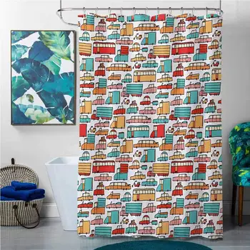 

Shower Curtains Tropical Cars,Children Drawing of Many Vehicles Motorbikes Caravans Trucks Taxis Buses Print,Aqua Red Orange,W36