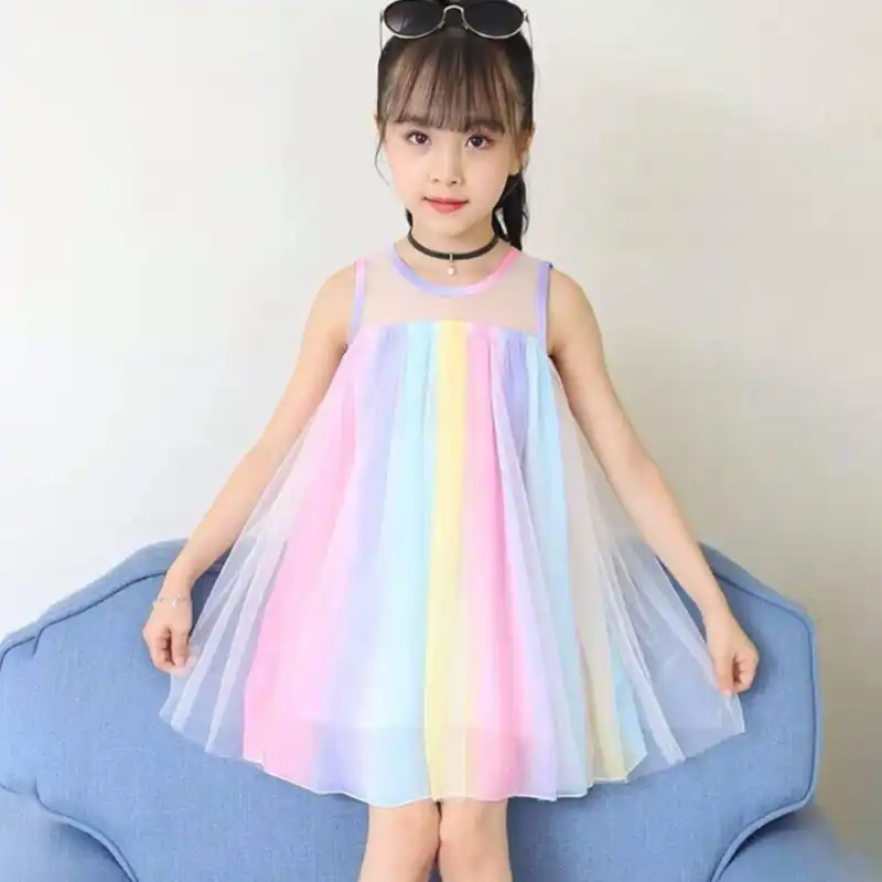 Nouvel Ete Bebe Fille Robes Mignon Arc En Ciel Colore Mosaique Sans Manches Maille Tutu Princesse Robe Enfant En Bas Age Fille Vetements 1 5y Aliexpress