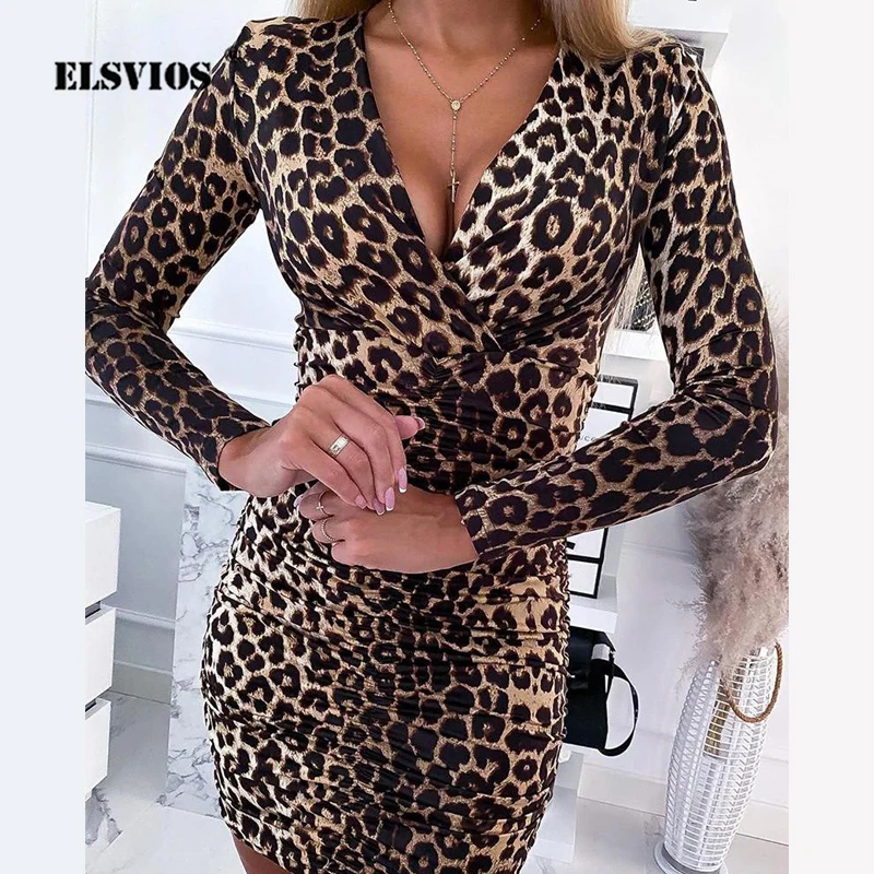 

Vestidos Lady Sexy V Neck Long Sleeve Mini Dress Elegant Leopard Print Folds Short Dress Autumn Women Slim Bodycon Party Dresses