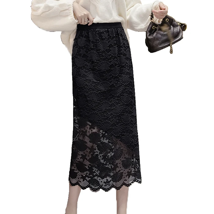 Elegant Women Lace Knitting Skirt 2019 Winter High Waist Double Wearing Irregular Sweater Knitted Long Black Skirt
