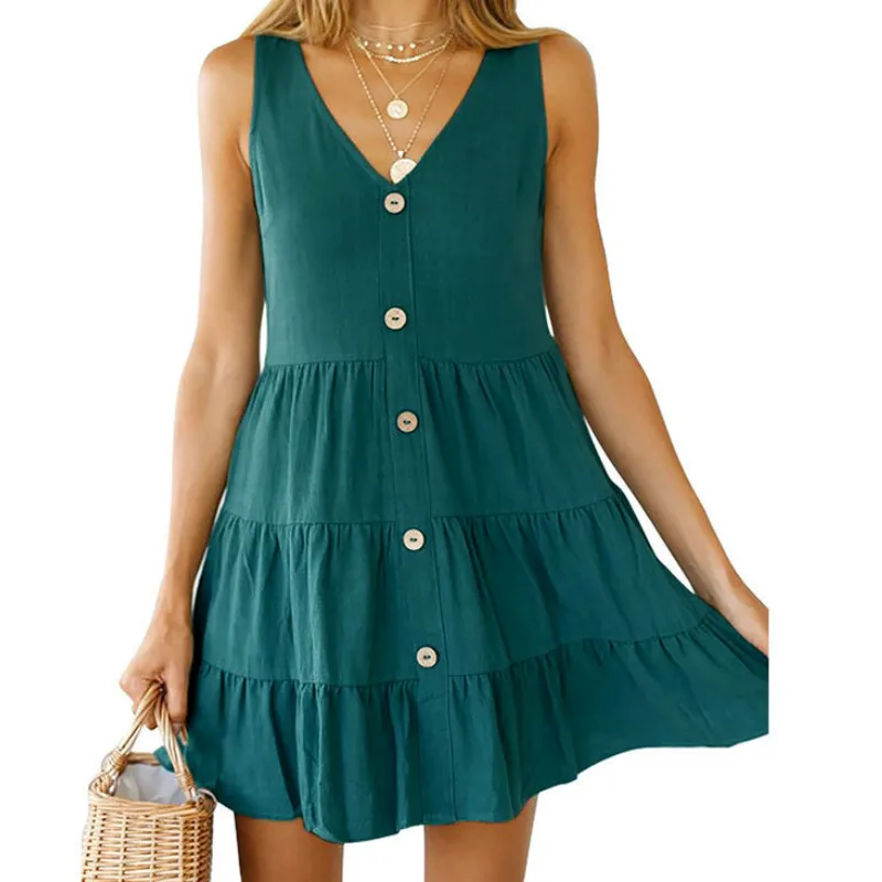 Green Милое зеленое платье Boho Kawaii, Пляжное летнее платье для женщин, пуговицы, оборки, карманы, платье без рукавов, верхняя одежда, сарафан, GV249 - Цвет: Green